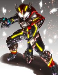  1boy amakawa_mayu armor brown_armor chocodon_(white_chocolate) chocolate energy_gun gloves gun highres holding holding_gun holding_weapon kamen_rider kamen_rider_gavv kamen_rider_gavv_(series) kamen_rider_valen simple_background tokusatsu weapon 