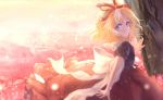  1girl blonde_hair blouse blue_eyes blurry depth_of_field dqn_(dqnww) flower hair_ribbon light_particles looking_at_viewer looking_back medicine_melancholy open_hand outdoors outstretched_arm puffy_short_sleeves puffy_sleeves ribbon short_hair short_sleeves skirt smile solo touhou tree 