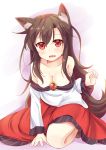  1girl animal_ears bare_shoulders breasts brooch brown_hair cleavage fang frilled_sleeves frills imaizumi_kagerou jewelry long_hair niiya open_mouth red_eyes shirt skirt tail touhou very_long_hair werewolf wolf_ears wolf_tail 