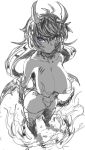  1girl bare_shoulders breasts cleavage demon_girl demon_tail horns huge_breasts looking_at_viewer low_wings mason_69 monochrome serious simple_background solo tail thighs violet_eyes white_background wings 