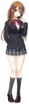  1girl absurdres arm_behind_back black_legwear brown_eyes brown_hair full_body highres jacket kissbell loafers long_hair long_sleeves mikoto_akemi official_art open_mouth plaid plaid_skirt school_uniform scrunchie shoes simple_background skirt smile solo 