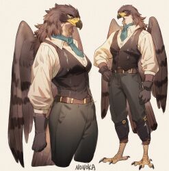  1girl aqua_necktie artist_name beak belt bird_girl bird_legs bird_tail black_gloves black_pants black_vest cropped_legs feathered_wings feathers formal full_body furry furry_female gloves grey_background highres long_sleeves necktie nonoka917 original pants reverse_trap shirt simple_background solo standing tail talons vest white_shirt wing_collar wings yellow_eyes 