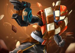  1boy armor bodysuit brown_armor chocodon_(white_chocolate) chocolate energy_gun gloves gun holding holding_gun holding_weapon kamen_rider kamen_rider_gavv_(series) kamen_rider_valen male_focus miyabi_(037) power_armor solo weapon 