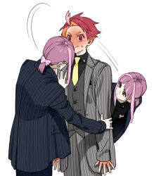  1girl 987645321o arched_bangs black_suit blush buttons closed_mouth collared_shirt crispin_(pokemon) eyelashes formal gloves grey_suit hair_ornament hairclip jacket lacey_(pokemon) long_sleeves multicolored_hair necktie open_clothes pant_suit pants pink_hair pokemon pokemon_sv redhead shirt short_hair single_glove smile suit suit_jacket two-tone_hair yellow_eyes 