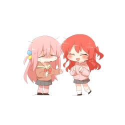  2girls :d ^_^ black_footwear blush bocchi_the_rock! borrowed_clothes brown_sailor_collar brown_shirt chibi closed_eyes cosplay cube_hair_ornament gotoh_hitori gotoh_hitori_(cosplay) grey_skirt hair_between_eyes hair_ornament jacket kita_ikuyo kita_ikuyo_(cosplay) long_hair long_sleeves multiple_girls one_side_up open_mouth pants pants_under_skirt pink_jacket pink_pants pleated_skirt puffy_long_sleeves puffy_sleeves rebecca_(keinelove) sailor_collar shirt shoes simple_background skirt sleeves_past_wrists smile socks standing standing_on_one_leg track_jacket track_pants turn_pale very_long_hair wavy_mouth white_background white_socks 