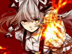  1girl artist_name blurry close-up colored depth_of_field fire flame floating_hair fujiwara_no_mokou grey_hair hair_ribbon highres long_hair orange_eyes red ribbon solo suspenders tibe0 touhou tress_ribbon twitter_username 