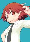  1girl blush collared_shirt horns kamonari_ahiru looking_at_viewer necktie original playing_with_own_hair pointy_ears red_eyes redhead shirt short_hair smile solo 