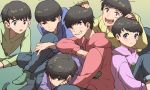  6+boys black_hair blue_eyes brothers choromatsu denim gradient gradient_background hoodie ichimatsu jeans jyushimatsu karamatsu male_focus multiple_boys n_(no_bu) osomatsu-kun osomatsu-san osomatsu_(osomatsu-kun) pants sextuplets siblings sitting smile socks todomatsu 