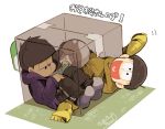  2boys artist_name book box brothers cardboard_box cat heart heart_in_mouth hoodie ichimatsu in_box in_container jikuno jitome jyushimatsu male_focus messy_hair multiple_boys osomatsu-kun osomatsu-san reading siblings single_vertical_stripe sleeves_past_wrists slippers socks wall-eyed waving 