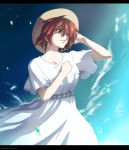  1girl artist_name blue_eyes clouds dated dress hairband hand_on_headwear hand_on_own_chest hat highres kanon_memphis kurimaru_(1700107604) letterboxed parted_lips petals redhead shiny shiny_hair short_hair sky smile solo soukyuu_no_fafner sun_hat white_dress 
