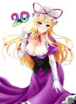  1girl arm_ribbon backlighting blonde_hair blush breasts choker cleavage corset covered_nipples dress elbow_gloves gloves hat hat_ribbon highres hips large_breasts leaning_forward long_hair looking_at_viewer mob_cap purple_dress red_pupils ribbon short_sleeves simple_background smile solo touhou v very_long_hair violet_eyes white_background white_gloves yakumo_yukari yumi_(careca398) 