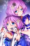  2girls blue_eyes blush detached_sleeves dress emanon123 gloves hair_ornament highres karakuri_futaba karakuri_hitoha looking_at_viewer multiple_girls pink_hair short_hair siblings sisters tokyo_7th_sisters twins 