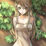  1girl blonde_hair braid breasts cleavage collarbone dated dress fan_ju green_eyes highres original plant signature solo twin_braids upper_body vines wall white_dress 
