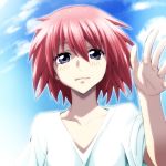  1girl blue_eyes clouds collarbone dress finger_marks highres kanon_memphis looking_at_viewer portrait redhead shiny shiny_hair short_hair sky smile solo soukyuu_no_fafner watarui waving white_dress 