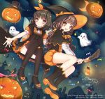  2girls :d black_hair boots broom broom_riding brown_eyes brown_hair candy capelet ghost hairband halloween hat jack-o&#039;-lantern jellybear legs long_hair long_sleeves multiple_girls open_mouth original pumpkin short_hair short_sleeves sitting smile thigh-highs top_hat twintails wings witch_hat yellow_eyes 