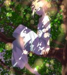  1girl ahoge blonde_hair casual dress fate/stay_night fate_(series) green_eyes kuriiro_benishi saber solo tree 