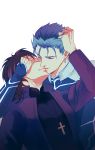  2boys absurdres blue_hair brown_hair cross cross_necklace fate/stay_night fate/zero fate_(series) highres jewelry kiss kotomine_kirei lancer multiple_boys necklace yan_(chibchan) yaoi 