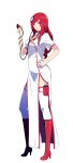  1girl absurdres boots cleavage_cutout conception_2 gashin hand_on_hip highres light_smile long_hair nail_polish nurse redhead short_sleeves simple_background solo stethoscope thigh-highs transparent_background violet_eyes white_background 