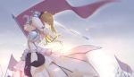  1girl action armor armpits arms_up backlighting blonde_hair bow breastplate detached_sleeves fate/unlimited_codes fate_(series) flag gauntlets green_eyes hair_bow highres light_particles long_hair maredoro ponytail saber saber_lily sunlight sword weapon 