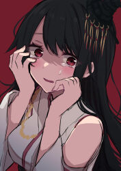  1girl absurdres black_hair commentary_request detached_sleeves fusou_(kancolle) hands_on_own_face headgear highres japanese_clothes kantai_collection long_hair looking_at_viewer red_background red_eyes scared shirasumato solo upper_body 