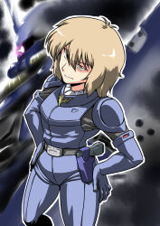  1girl blurry blurry_background brown_eyes brown_hair char's_counterattack commentary_request geara_doga geara_doga_(rezin_schnyder_custom) glowing glowing_eye gun gundam handgun hands_on_own_hips highres holster insignia looking_at_viewer mecha mobile_suit neo_zeon one-eyed pilot_suit rezin_schnyder robot science_fiction spacesuit tukiwani weapon 