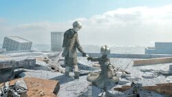  1boy 1girl 2b_(nier:automata) 9s_(nier:automata) abandoned amputee back_cutout black_choker black_dress black_hairband black_jacket black_shorts blue_eyes boots building choker clothing_cutout clouds debris dress english_commentary feather-trimmed_sleeves hairband hand_grab high_heel_boots high_heels highres holding_hands jacket juliet_sleeves long_sleeves nier:automata nier_(series) no_blindfold puffy_sleeves rooftop ruins scenery short_hair shorts sitting sky standing steel_beam water white_hair wreckage yorha_2b2e 