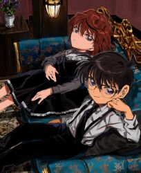  1boy 1girl absurdres black_dress black_hair black_necktie blue_eyes brown_hair carpet closed_mouth collar collared_shirt couch counter dress edogawa_conan formal frilled_collar frills glasses green_eyes haibara_ai hair_between_eyes hand_on_own_chin highres indoors lamp long_sleeves looking_at_viewer meitantei_conan necktie pants plant potted_plant segami shirt short_hair smile suspenders throw_pillow 