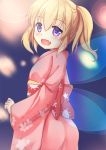  1girl ass blonde_hair fairy_wings fang floral_print japanese_clothes kimono niiya obi open_mouth sash smile solo sunny_milk touhou twintails violet_eyes wings 