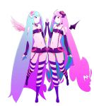  angel_wings bangs bat_wings beltbra blue_eyes blue_hair blunt_bangs breasts choker conception_2 elbow_gloves eyepatch fingerless_gloves gashin gloves gradient_hair green_hair hands_together highres long_hair looking_at_another multicolored_hair navel official_art pink_hair red_eyes short_shorts shorts simple_background suspenders_slip thigh-highs transparent_background under_boob very_long_hair white_background wings 