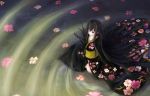  1girl absurdly_long_hair alternate_costume black_hair black_kimono breasts collarbone commentary_request crying flower goma_dango hime_cut houraisan_kaguya long_hair looking_afar night obi partially_submerged pink_eyes ripples sad sash side_slit solo standing streaming_tears tears touhou very_long_hair water 