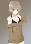  1girl absurdres akitaka_(pixiv12739753) bikini_top blue_eyes breasts cleavage highres light_brown_hair original ribbed_sweater short_hair simple_background solo sweater 