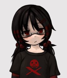 1girl black_hair black_t-shirt blush commentary english_commentary glasses hair_bobbles hair_ornament head_tilt highres layered_sleeves long_hair long_sleeves looking_at_viewer low_twintails multicolored_hair original red_eyes redhead shaded_face shirt short_over_long_sleeves short_sleeves skull_and_crossbones solo streaked_hair t-shirt twintails upper_body zoolpal