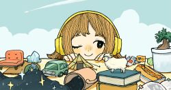  1girl ball blonde_hair bonsai book car clouds coach commentary_request cup globe hot_dog ice looking_at_animal minimized motor_vehicle official_art one_eye_closed onobane orange_nails original procreate_(medium) sheep smile straight-on tennis_ball tent yellow_headphones 
