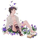  1boy book brown_hair flower full_body jojo_no_kimyou_na_bouken joseph_joestar_(young) leg_brace looking_to_the_side male_focus shorts sitting sognare0624 solo tears younger 