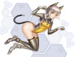  1girl 2015 animal_ears breasts cat_ears cat_tail claws hexagon lieqi_hun light_smile looking_at_viewer original paw_pose science_fiction short_hair silver_legwear solo tail thigh-highs thighs white_hair 