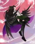  1girl black_hair black_legwear bow cape hair_bow highres long_hair reiuji_utsuho skirt solo thigh-highs third_eye touhou wings 