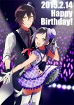  1boy 1girl black_hair couple dated dress gloves green_eyes happy_birthday hat hetero idol ioko microphone mihama_kouji mini_top_hat multicolored_hair one_eye_closed pretty_rhythm pretty_rhythm_rainbow_live purple_hair short_hair suzuno_ito thigh-highs top_hat two-tone_hair yellow_eyes 