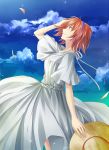  1girl arm_up blue_eyes clouds dress finger_marks hairband hat holding holding_hat kanon_memphis kurose_nao looking_up petals redhead shiny shiny_hair short_hair sky smile solo soukyuu_no_fafner sparkle sun_hat white_dress 