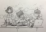  1girl 2boys akashi_(yojouhan) bottle cellphone computer glasses laptop monochrome multiple_boys notebook ozu_(yojouhan) pencil phone simple_background sketch sleeping syoooheeei texting traditional_media watashi water_bottle white_background yojouhan_shinwa_taikei 