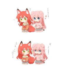  2girls :&lt; animal_ear_fluff animal_ears blue_eyes blush bocchi_the_rock! bow brown_sailor_collar brown_shirt chibi closed_mouth cube_hair_ornament gotoh_hitori grey_skirt hair_between_eyes hair_ornament jacket kemonomimi_mode kita_ikuyo long_hair multiple_girls one_side_up open_mouth pants pants_under_skirt pink_jacket pink_pants pleated_skirt rebecca_(keinelove) red_bow sailor_collar school_uniform seiza serafuku shirt simple_background sitting skirt socks tail track_jacket track_pants track_suit translation_request very_long_hair white_background white_socks yellow_eyes 