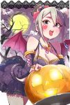  1girl :p ^_^ bat bat_wings belt bow breasts cake cleavage closed_eyes clouds cowboy_shot demon_tail detached_sleeves dress earrings fishnet_pantyhose fishnets food frills fruit gem grey_hair hair_between_eyes hair_ornament halloween highres idolmaster idolmaster_cinderella_girls ishii_takuma jack-o&#039;-lantern jewelry lace lace-up lamp leaning_forward looking_at_viewer moon navel navel_cutout necklace night night_sky pantyhose pumpkin ring shiomi_shuuko short_hair sky smile solo strawberry striped tail tongue tongue_out torn_wings wavy_mouth wings 