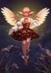  1girl animal_ears bangs bare_tree bird bowtie closed_eyes clouds detached_sleeves dress feathered_wings flower flying full_body hat lipstick makeup mary_janes mystia_lorelei nataku39 night night_sky pink_hair shoes short_hair sky solo touhou tree white_wings wing_ears winged_shoes wings 