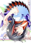  1girl anni_minto black_hair clenched_teeth directional_arrow grin horns kijin_seija multicolored_hair red_eyes redhead smile solo streaked_hair touhou upside-down 