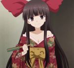  brown_eyes brown_hair japanese_clothes kimono long_hair rakudai_kishi_no_cavalry ribbon saikyou_nene screencap 