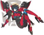  1girl autobot ban blue_eyes breasts floating glowing glowing_eyes high_heels insignia mecha no_humans open_mouth robot solo transformers white_background windblade wings 