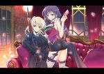  2girls arched_back ass ayase_eli bangs belt black_gloves blonde_hair blue_eyes blush bow bowtie breasts card closed_mouth collared_shirt couch curtains fishnet_legwear fishnets formal frills gloves glowing gradient_hair gun hair_scrunchie hand_on_another&#039;s_ass holding holding_card indoors kneeling lamp large_breasts letterboxed long_hair long_sleeves looking_at_viewer love_live!_school_idol_project miniskirt multicolored_hair multiple_girls night night_sky pants pencil_skirt petals pillow ponytail purple_hair red_bow rifle scrunchie shirt sitting skirt sky sleeveless smile star_(sky) striped striped_pants striped_shirt striped_suit suit swept_bangs takano_saku tassel toujou_nozomi twintails weapon window 