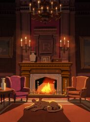  absurdres candle candlelight candlestand chair chandelier claws closed_eyes fire fireplace highres hyogonosuke indoors no_humans persian_(pokemon) picture_frame pokemon pokemon_(creature) rug sleeping solo whiskers 