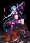  1girl blue_hair braid bullet cannon fingerless_gloves flat_chest gloves highres jewelry jinx_(league_of_legends) league_of_legends long_hair looking_at_viewer navel necklace patipat_asavasena pink_eyes single_thighhigh smile solo tattoo thigh-highs thigh_strap twin_braids very_long_hair weapon 