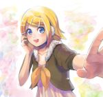  1girl blonde_hair earmuffs gemini_(vocaloid) grimay hair_ornament hairclip kagamine_rin looking_at_viewer open_mouth project_diva_(series) short_hair smile vocaloid 