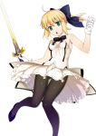  1girl ahoge bare_shoulders black_legwear blonde_hair bow caliburn chestnut_mouth detached_collar fate/grand_order fate_(series) gloves green_eyes hair_bow namonashi open_mouth pantyhose ponytail saber saber_lily shiny shiny_clothes short_hair skirt solo strapless sword weapon 